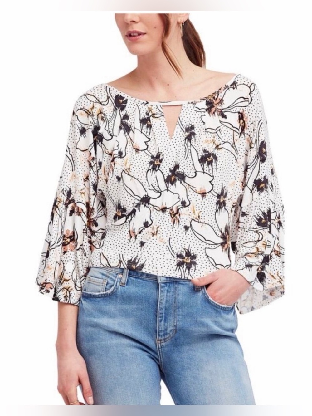 Free People Last Time Floral Draped Bell Sleeve Boho Top Medium